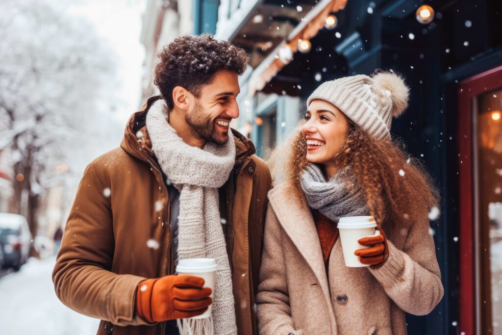 Attraktives junges Paar verbringt eine fröhliche Zeit mit heißer Schokolade im Winterwunderland. Generatives AIvirus. Vitamin D und Fragezeichen.