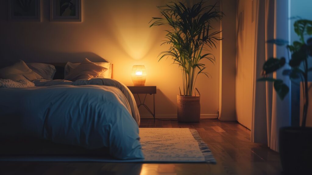 Ein stilvoll eingerichtetes Schlafzimmer mit einer gemütlichen Beleuchtung