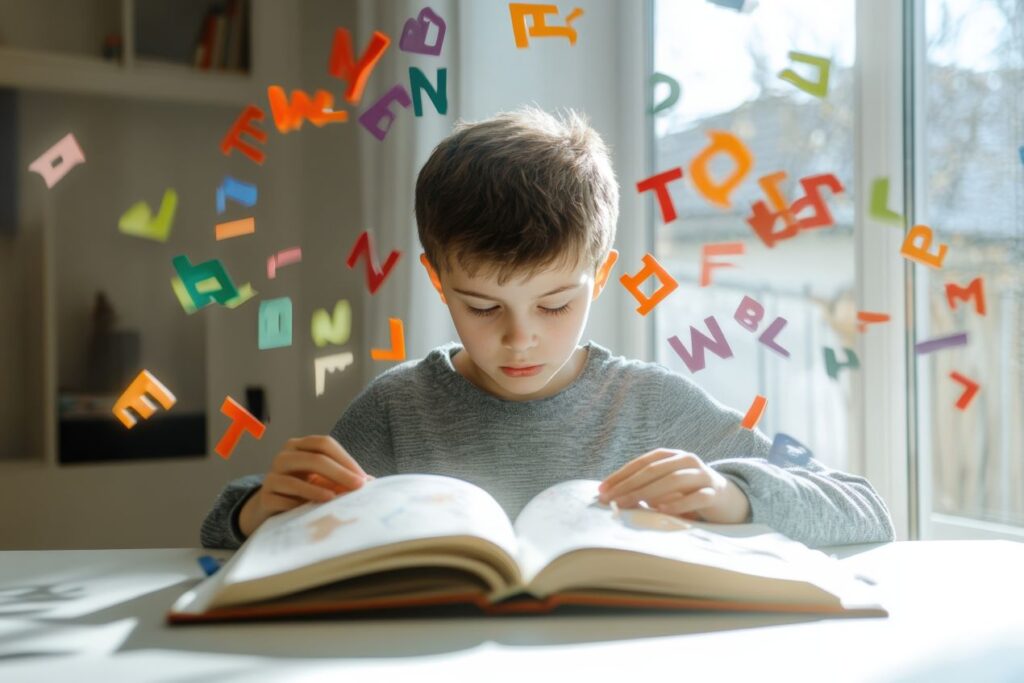 Junge liest ein Buch, umgeben von bunten Buchstaben – Symbolbild fuer fruehe Sprachfoerderung durch Logopaedie Holzwickede