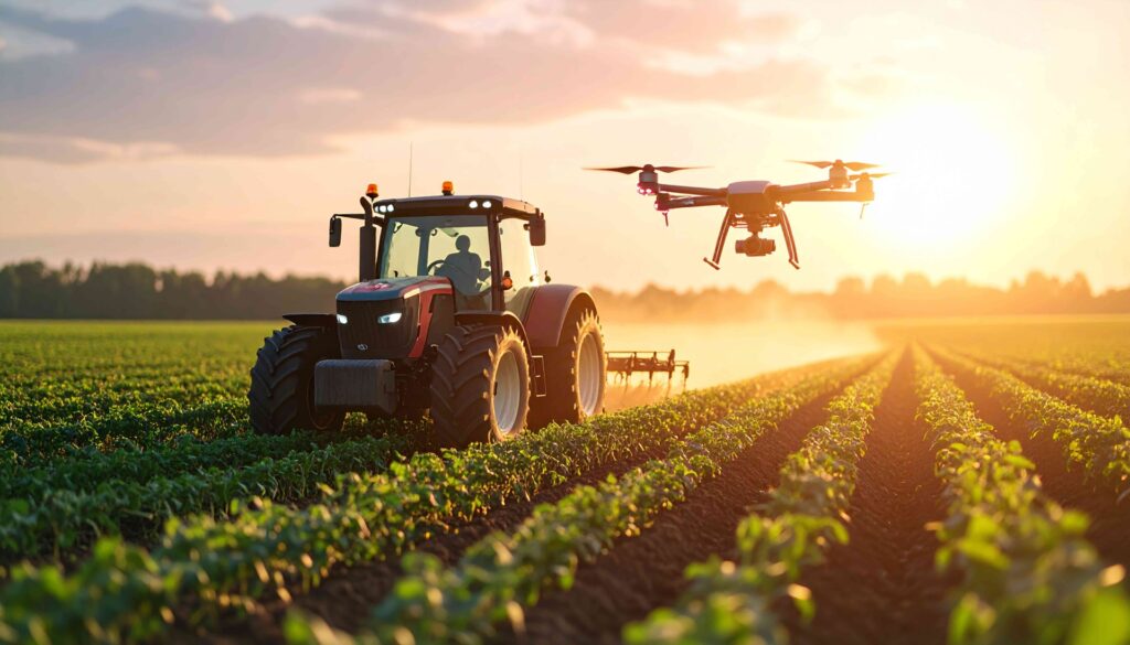 Traktor und Drohne bei Abendlicht auf Feld | hydraulischer Oberlenker